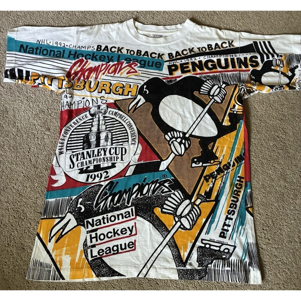 Vintage 92 Pittsburgh  Penguins Stanley Cup NHL Magic Johnson T's AOP M.  RARE